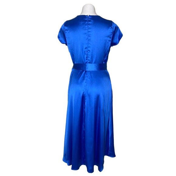 Tahari ASL NWT Blue Satin Midi Dress, Flutter Sleeves Belted Women's Size 8 - Picture 7 of 13